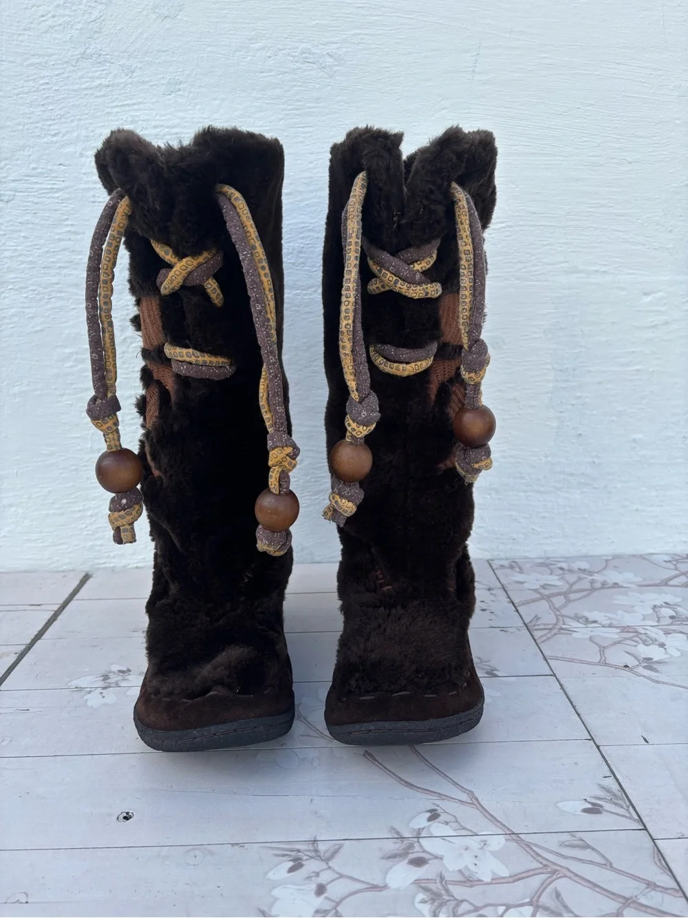 Sam Edelman Dark Brown Faux-Fur Winter Boots with Beaded Tassels